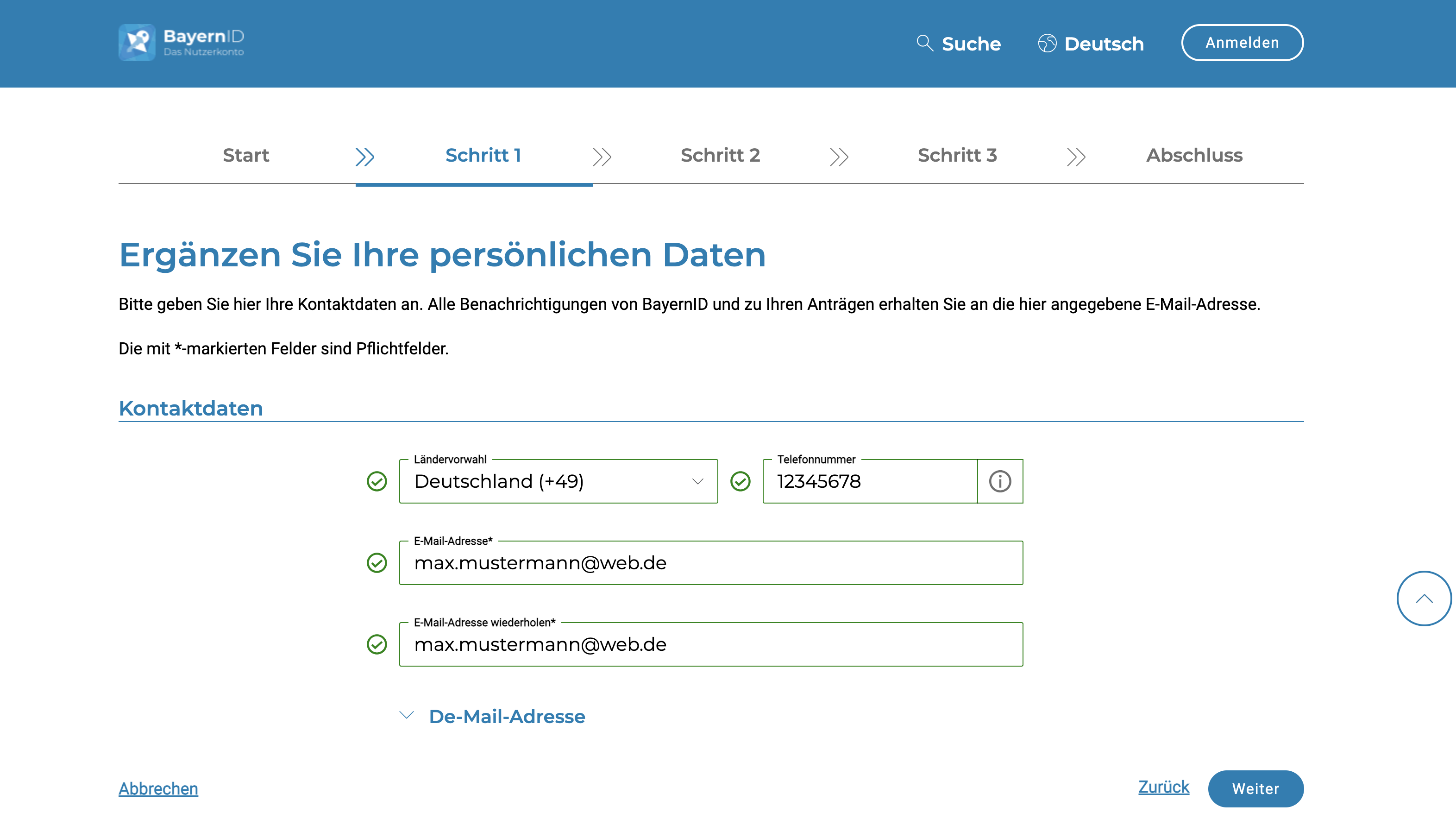 Screenshot BayernID Eingabemaske persönliche Daten