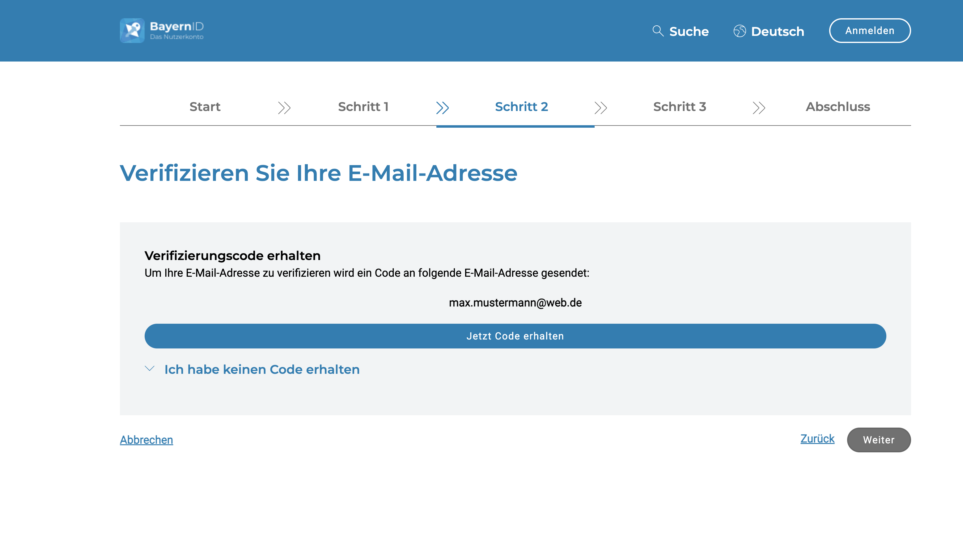 Screenshot Verifizierung über die E-Mail-Adresse