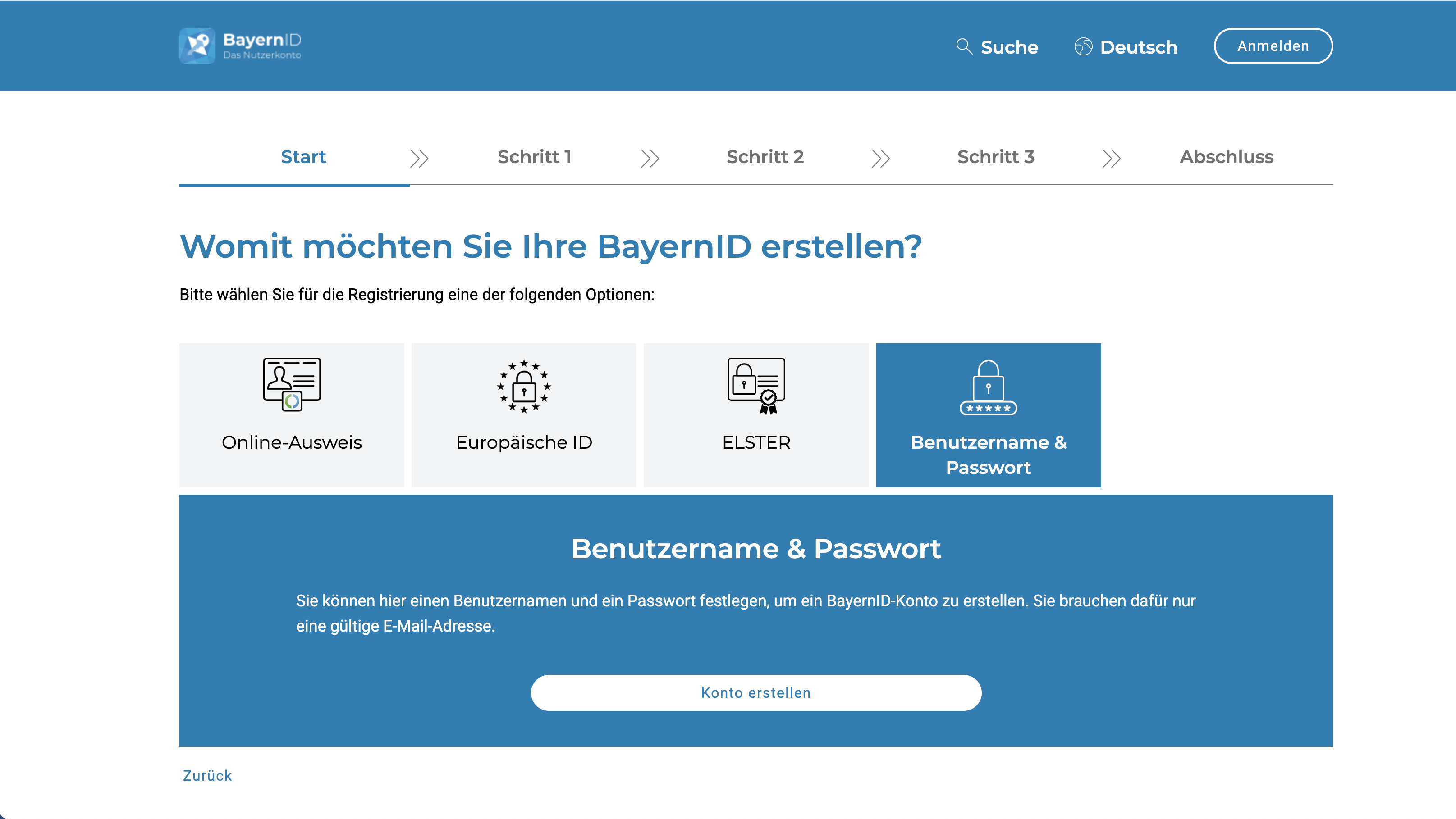 Screenshot Nutzerkonto im BayernPortal erstellen